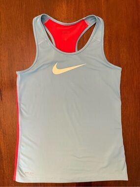 Nike Light Blue Racerback Tank with Red Interior and Yellow Swoosh